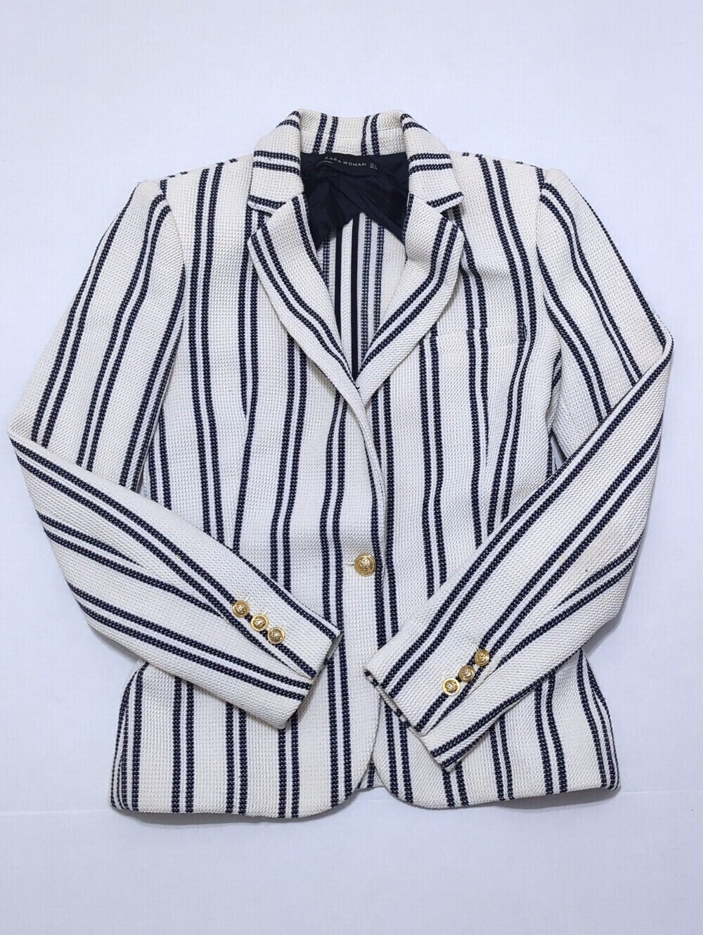Zara Textured Knit Striped Blazer XS Ivory Navy Gold Button Nautical Preppy - Picture 5 of 12
